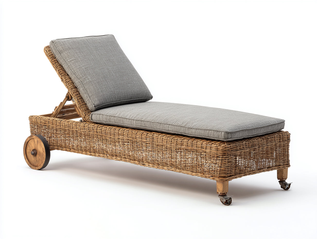 Lettino prendisole-rattan sintetico-legno-metallo-192x76x70 cm-grigio-miele-stile vintage