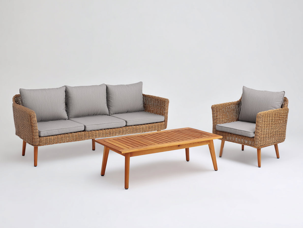 Divani da esterno - Rattan-legno-tessuto - 208x82x84 cm - Naturale-Grigio chiaro - Scandinavo