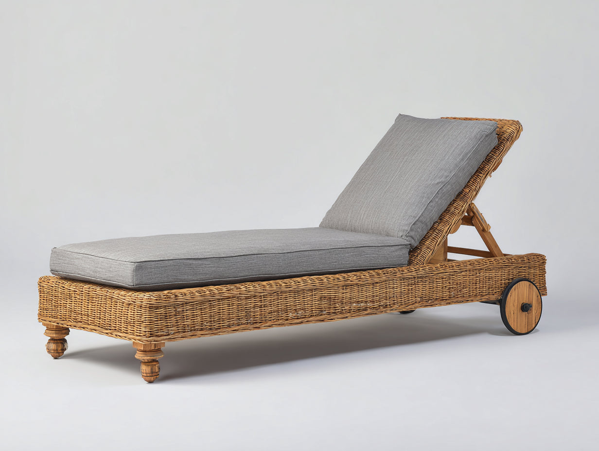 Lettino prendisole-rattan-tessuto-193x75x67 cm-grigio-miele-stile vintage
