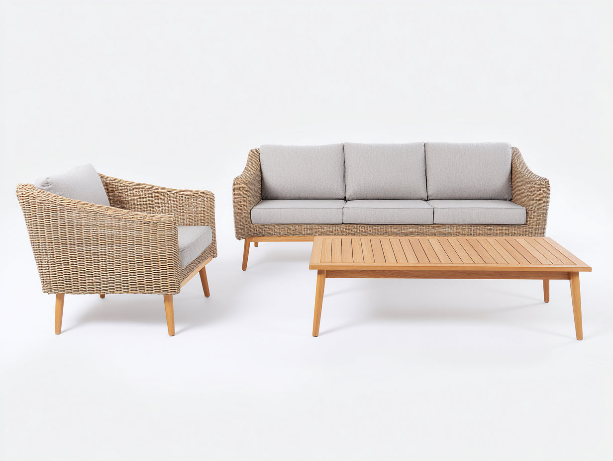 Divani da esterno - Rattan-legno-tessuto - 218x82x84 cm - Naturale-Grigio chiaro - Scandinavo