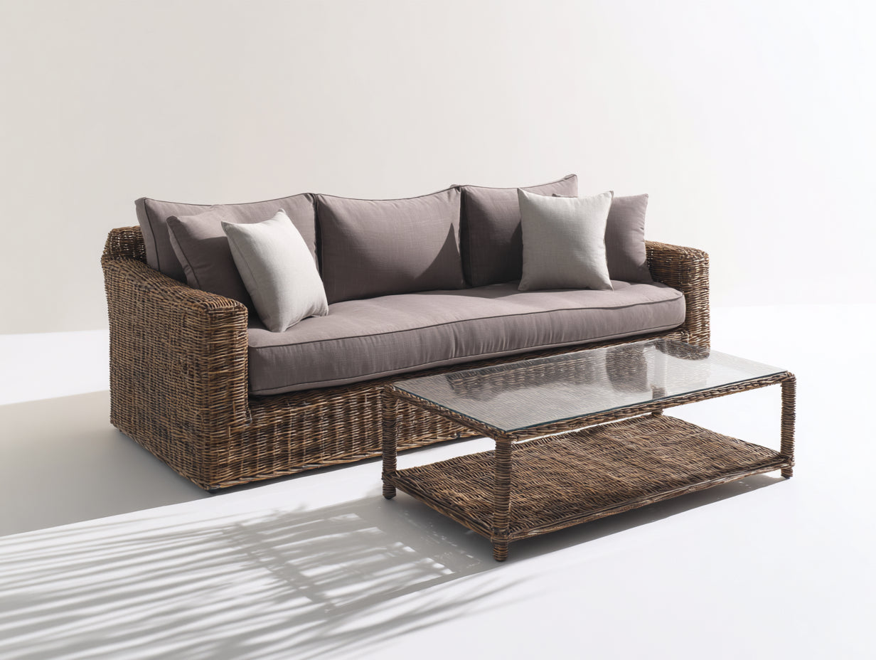 Divani da esterno - Rattan-vetro-tessuto - 228x92x84 cm - Marrone-Grigio - Contemporaneo