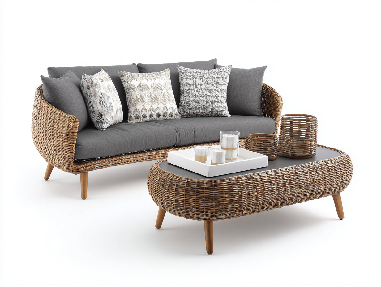 Divani da esterno - Rattan-legno-tessuto-vetro - 198x88x83 cm - Naturale-Grigio - Moderno
