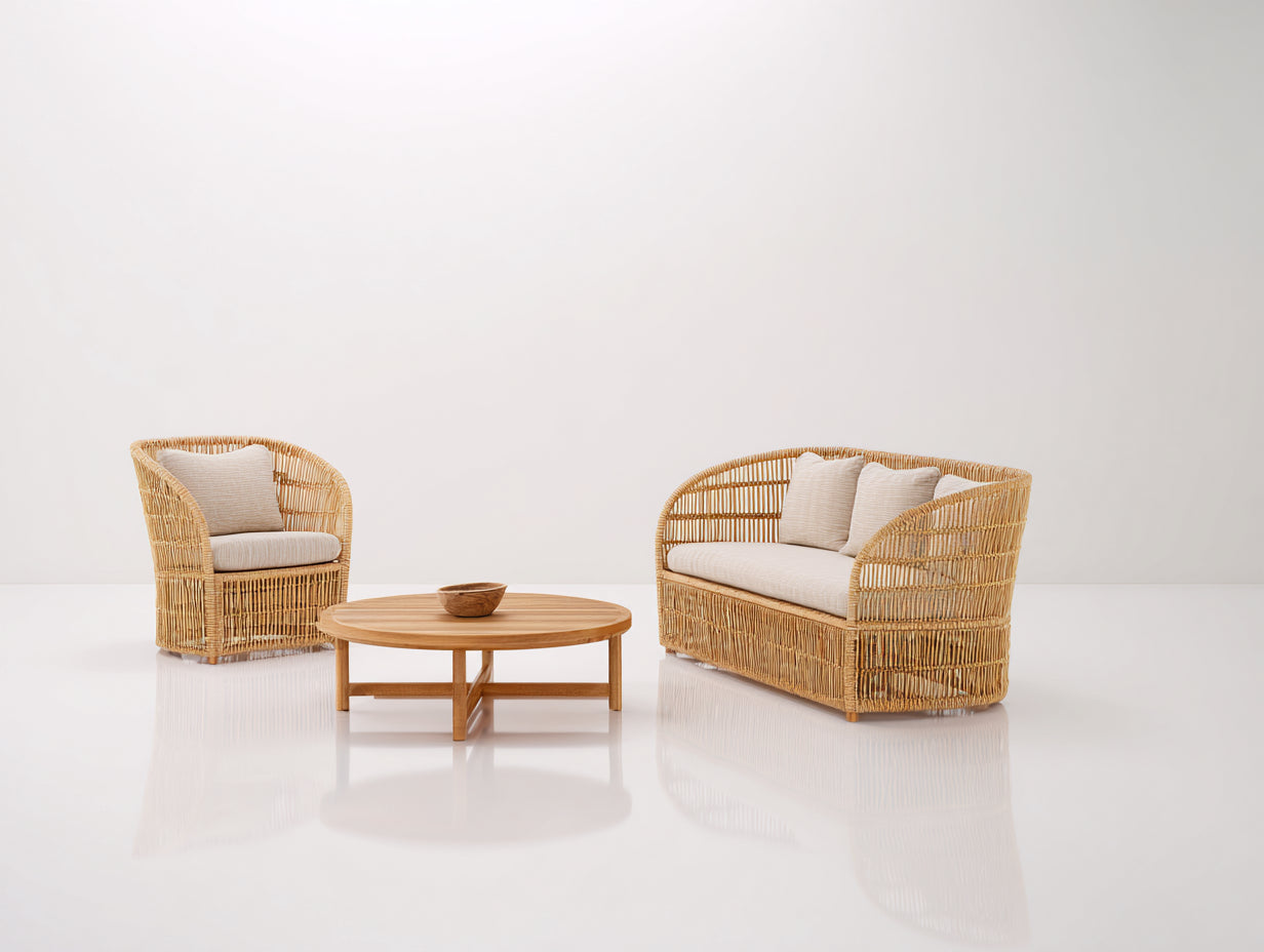 Divani da esterno - Rattan-legno-tessuto - 190x78x82 cm - Naturale-Beige - Mediterraneo