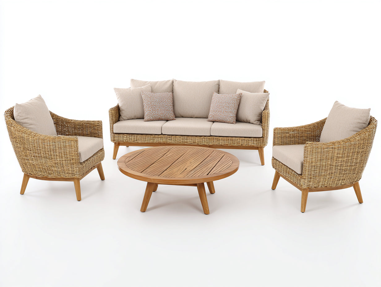 Divani da esterno - Rattan-legno-tessuto - 218x82x86 cm - Naturale-Beige - Mediterraneo