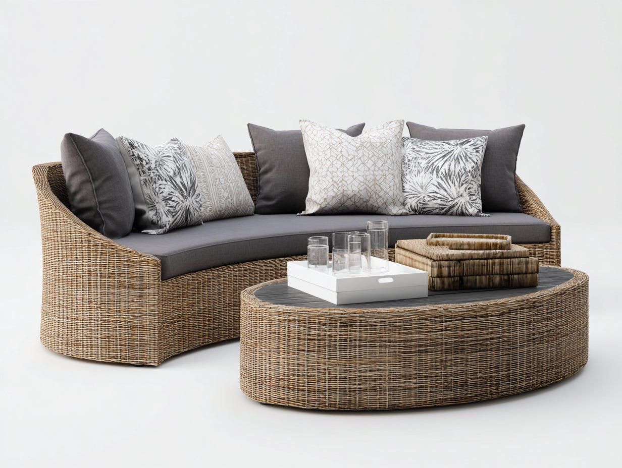 Divani da esterno - Rattan-tessuto-vetro - 245x95x82 cm - Naturale-Grigio - Moderno