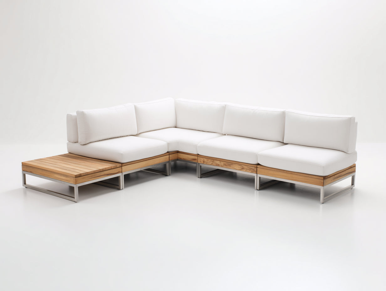 Divani da esterno - Legno-alluminio-tessuto - 295x210x78 cm - Naturale-Bianco - Minimalista