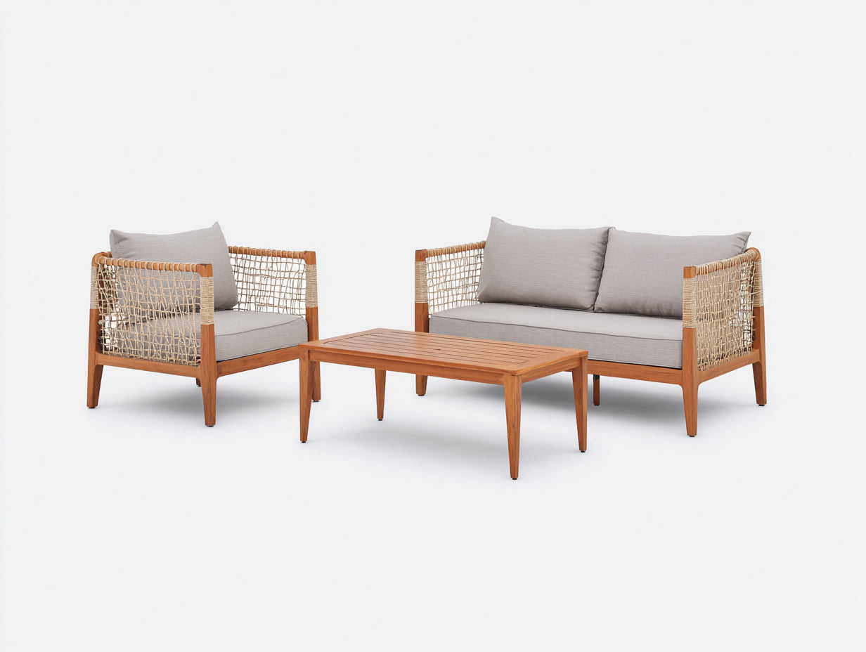 Divani da esterno - Legno-corda-tessuto - 168x76x80 cm - Naturale-Grigio chiaro - Scandinavo