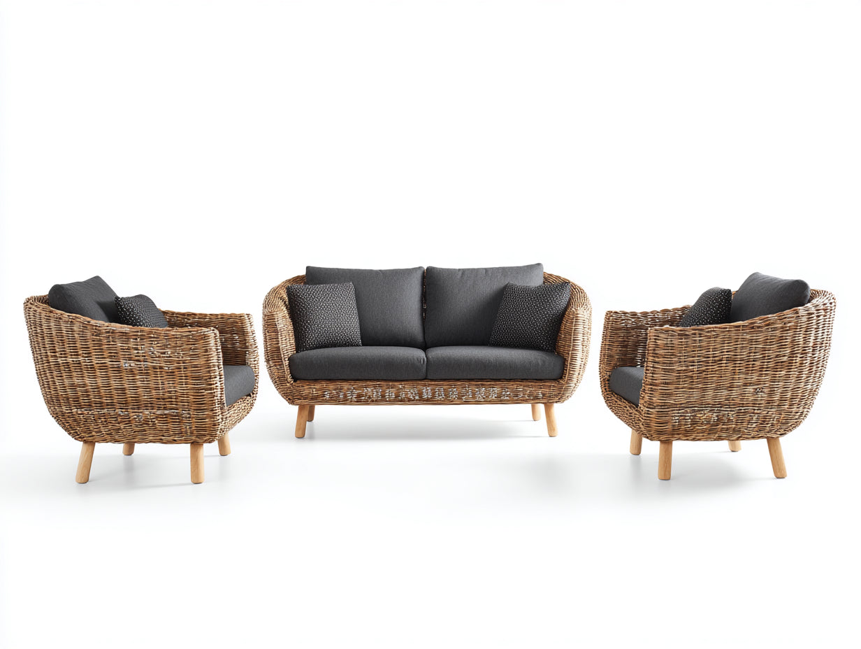 Divani da esterno - Rattan-legno-tessuto - 168x84x86 cm - Naturale-Grigio antracite - Scandinavo