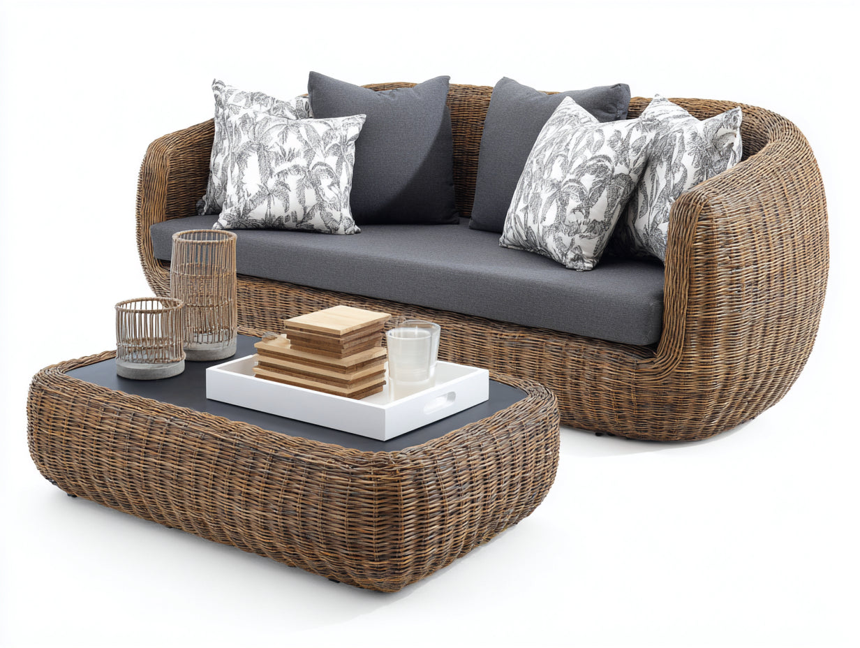 Divani da esterno - Rattan-tessuto-vetro - 205x92x84 cm - Naturale-Grigio - Moderno