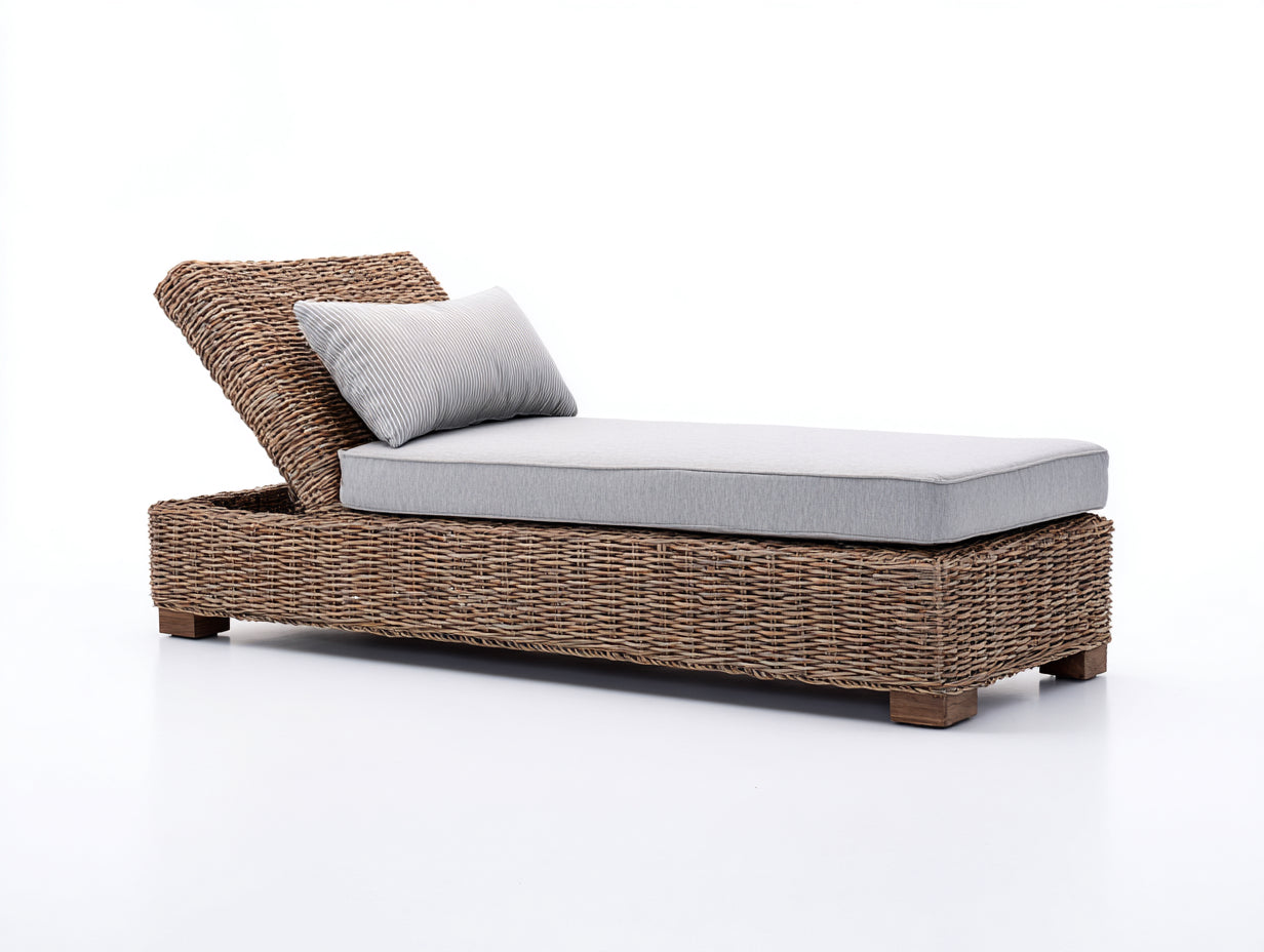 Lettino prendisole-rattan sintetico-legno-188x76x72 cm-grigio chiaro-naturale-stile rustico