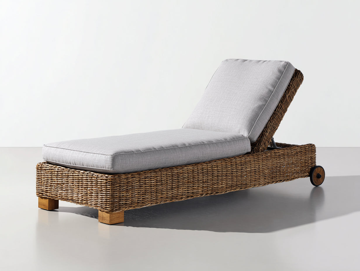 Lettino prendisole-rattan sintetico-legno-194x74x65 cm-grigio chiaro-marrone-stile naturale