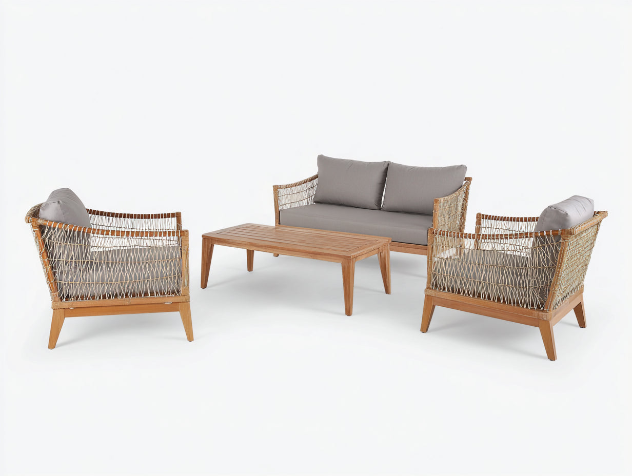 Divani da esterno - Legno-corda-tessuto - 178x78x82 cm - Naturale-Grigio chiaro - Scandinavo