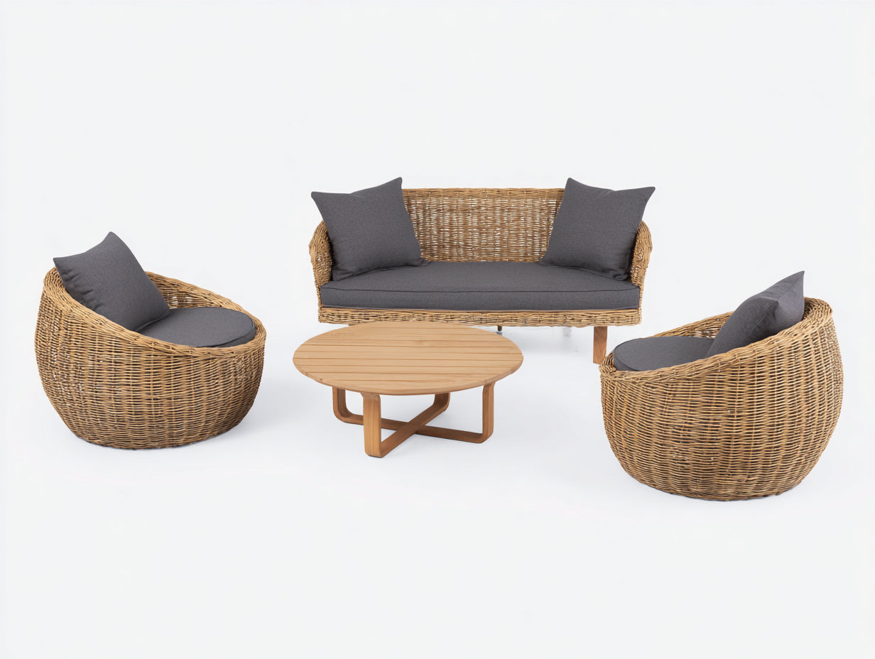 Divani da esterno - Rattan-legno-tessuto - 158x78x82 cm - Naturale-Grigio antracite - Boho